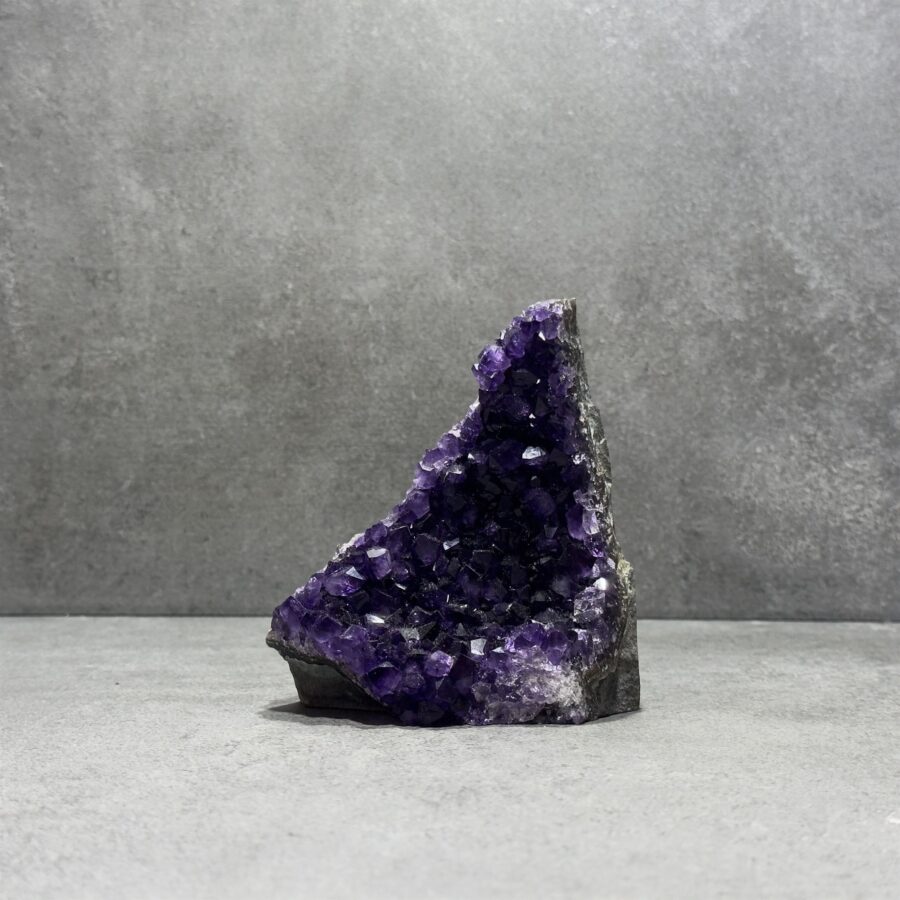 Standing Amethyst Clusters in a bathroom