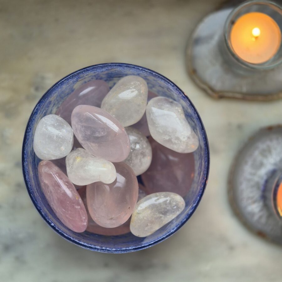 Polished stones in rose quartz