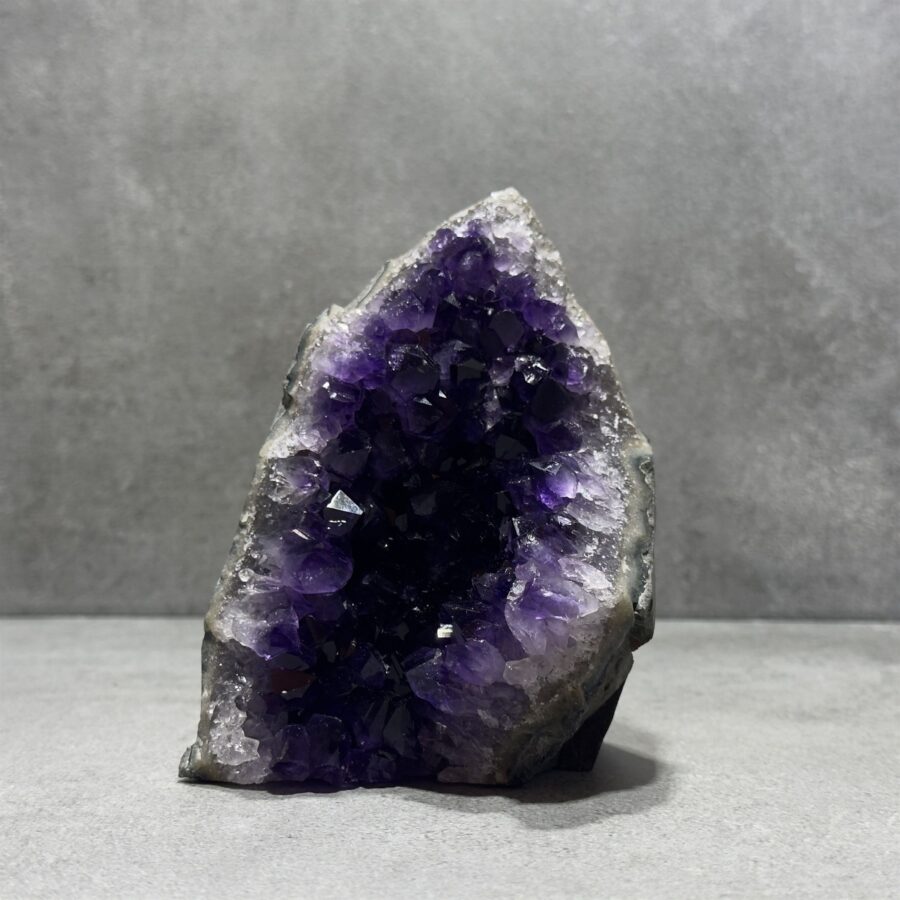 Standing Amethyst Clusters in a bathroom