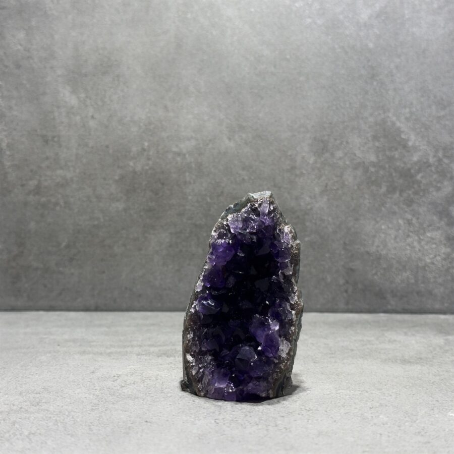 Standing Amethyst Clusters in a bathroom