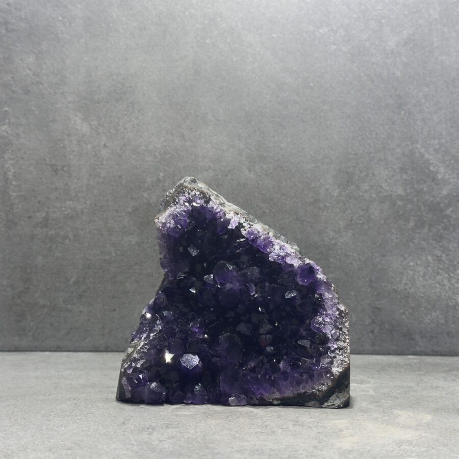 Standing Amethyst Clusters in a bathroom