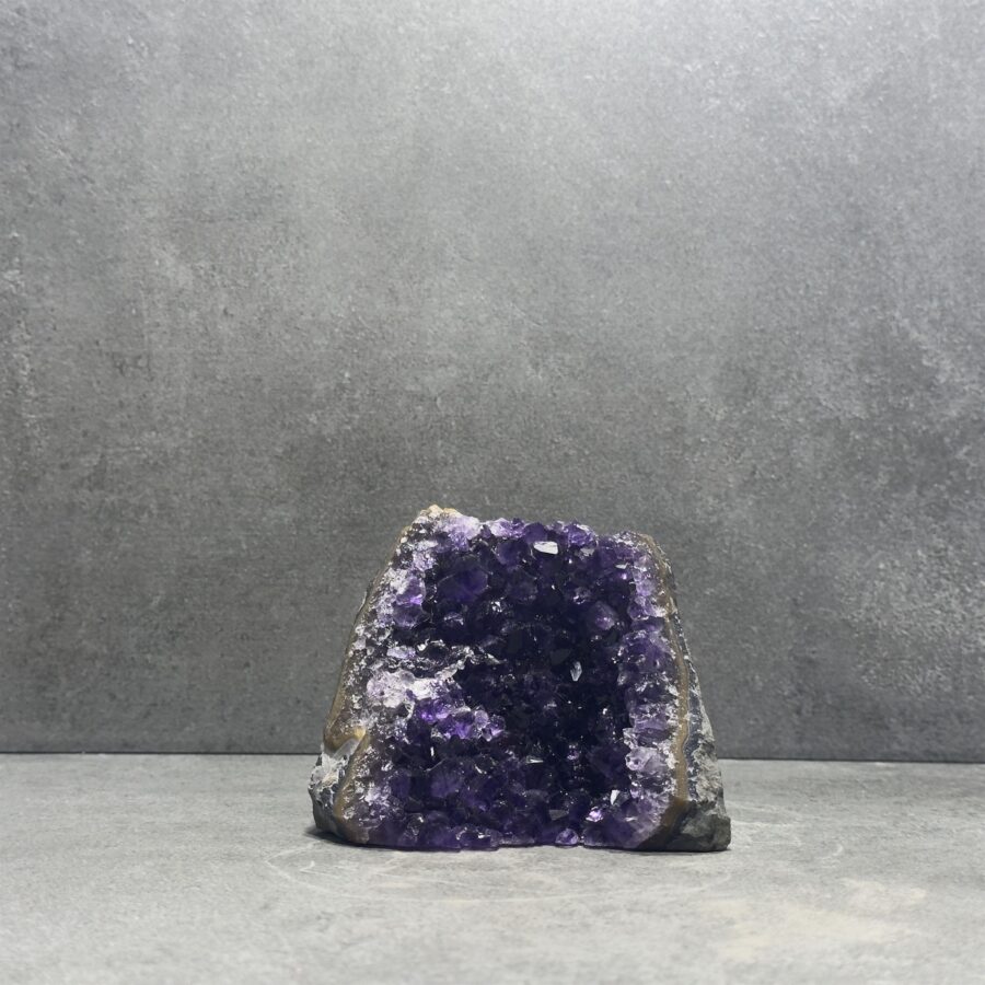 Standing Amethyst Clusters in a bathroom