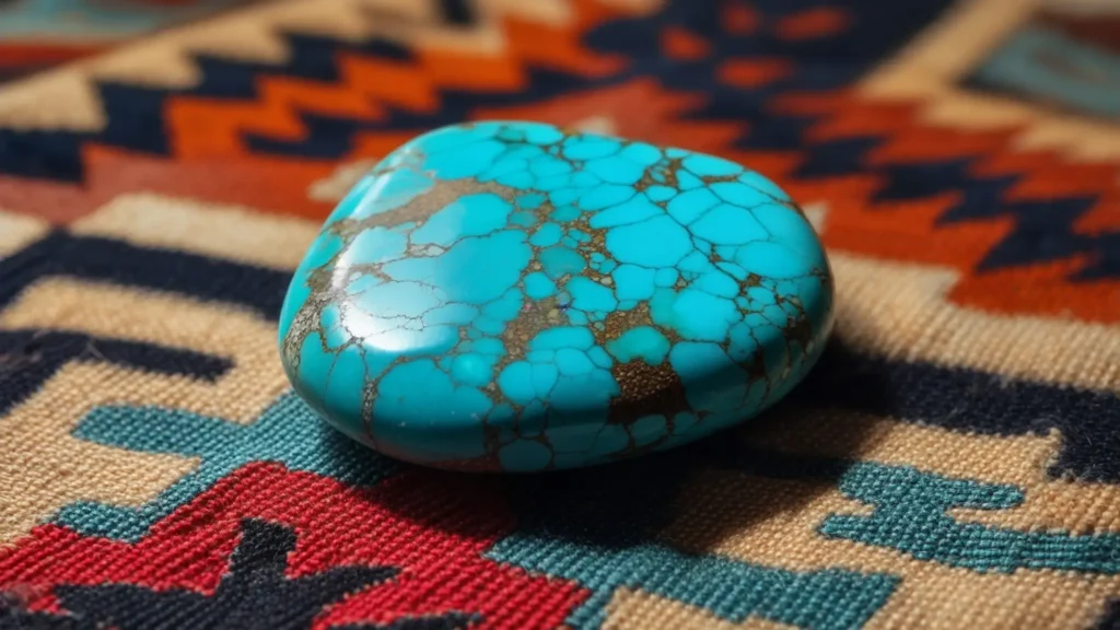 a clear turquoise stone with natural veins, resting on a woven textile with a southwestern pattern, against a background of cacti and warm sunshine my