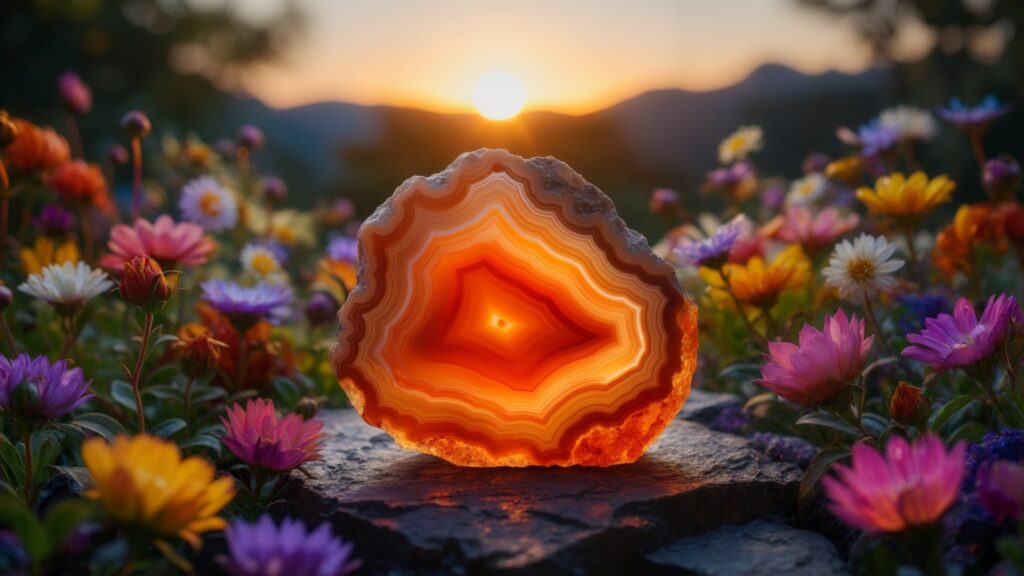 an orange agate glowing in a sunset setting, surrounded by vibrant flowers and movements symbolizing energy and joy.