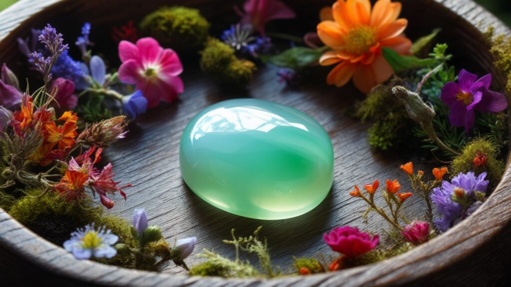 a polished chrysoprase stone in a light green shade with a soft and glossy surface, placed on a wooden tray surrounded by small flowers and green plants