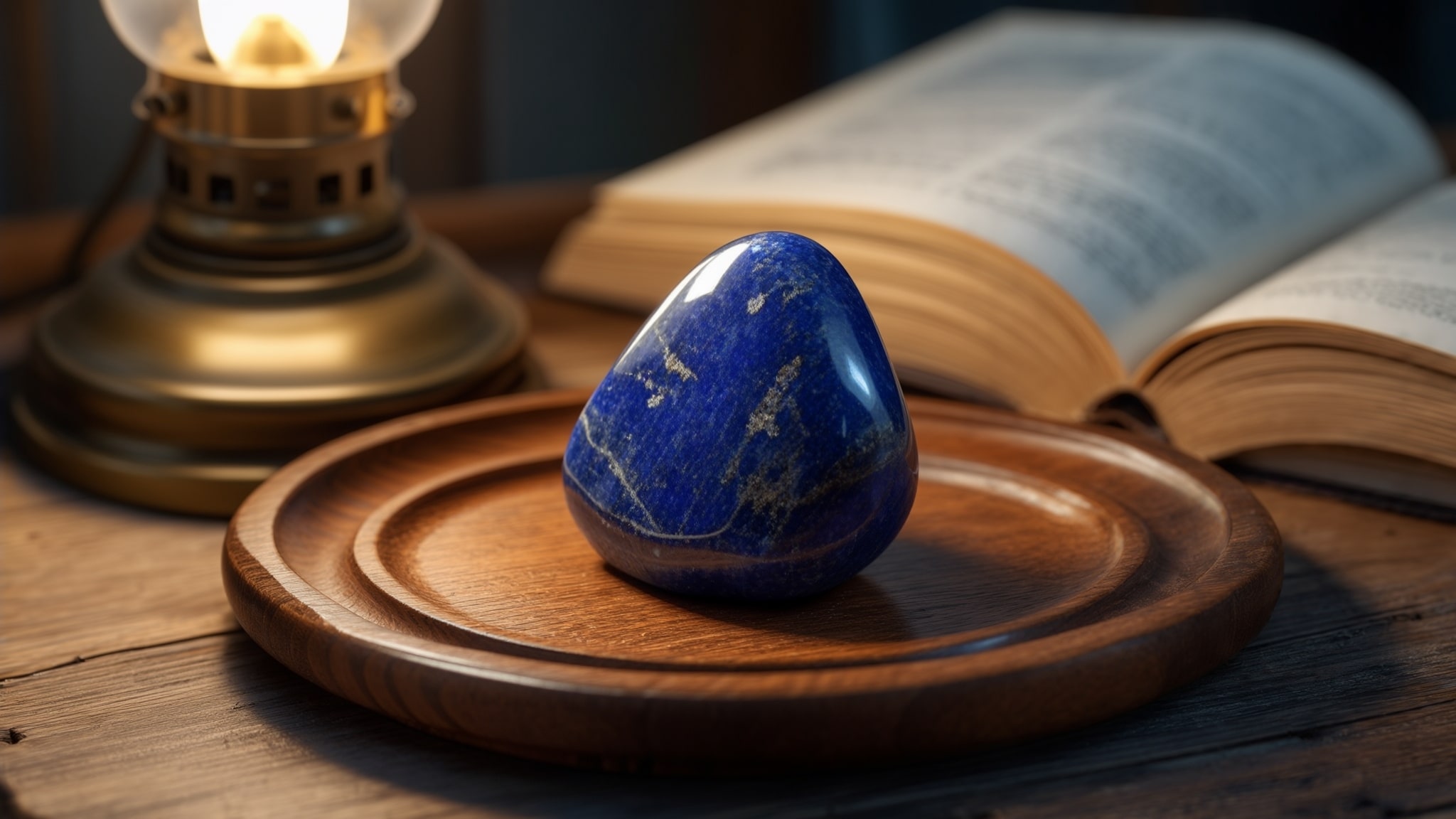 a polished dumortierite stone with deep blue shades and touches of black, placed on a light wooden tray surrounded by books and a lighted lamp for a focused atmosphere