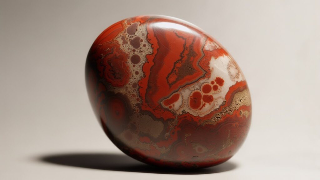 a polished jasper stone in earthy reds and browns with unique veining and patterns, set on a neutral background that enhances its natural beauty