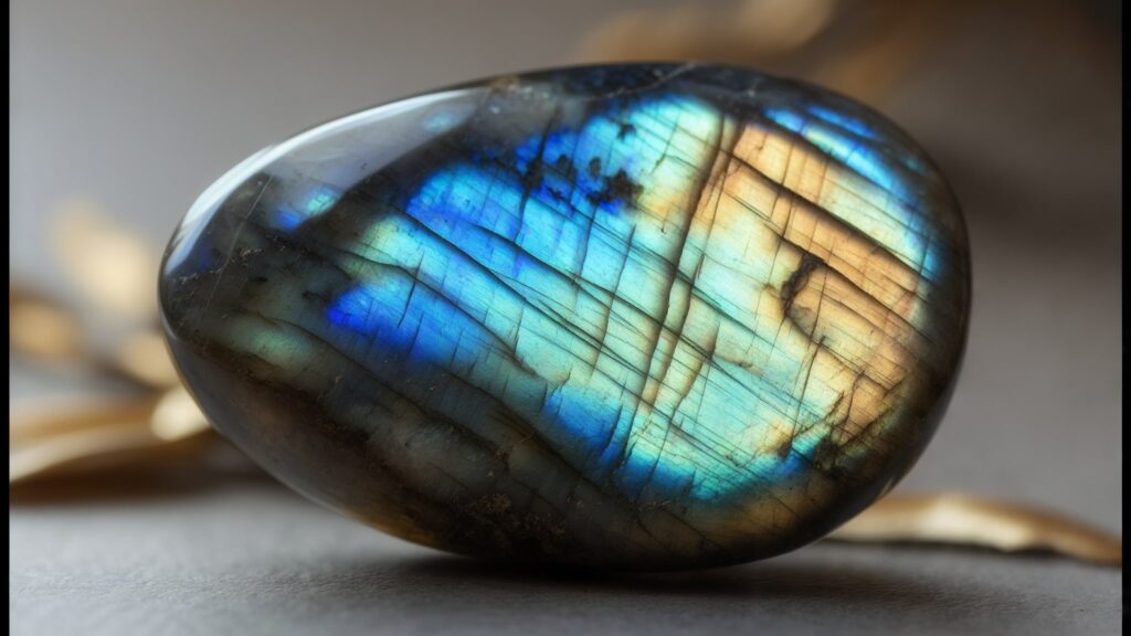 a polished labradorite stone with a play of blue, green and gold colors that reflect light, placed on a neutral background to enhance its mysterious beauty