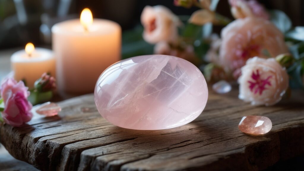 a polished rose quartz stone in a soft pink color, with a subtle sheen that reflects its calming and loving energy. set against a neutral background to highlight its natural beauty