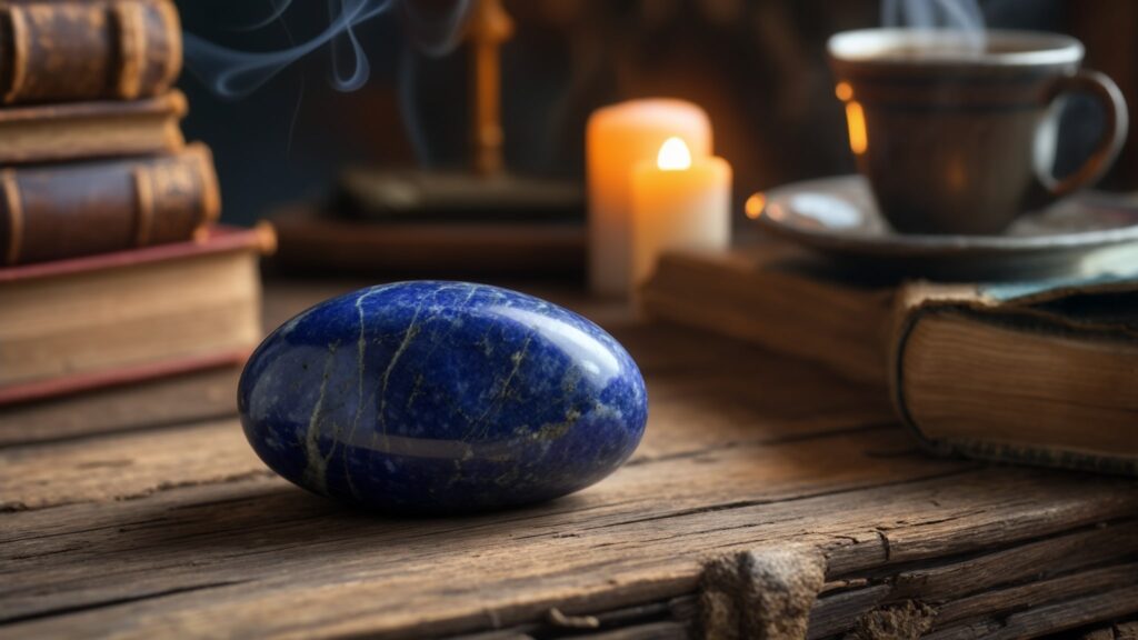 a polished sodalite stone in deep blue shades with white veins, placed on a desk with books and a cup of tea in a calm, harmonious environment