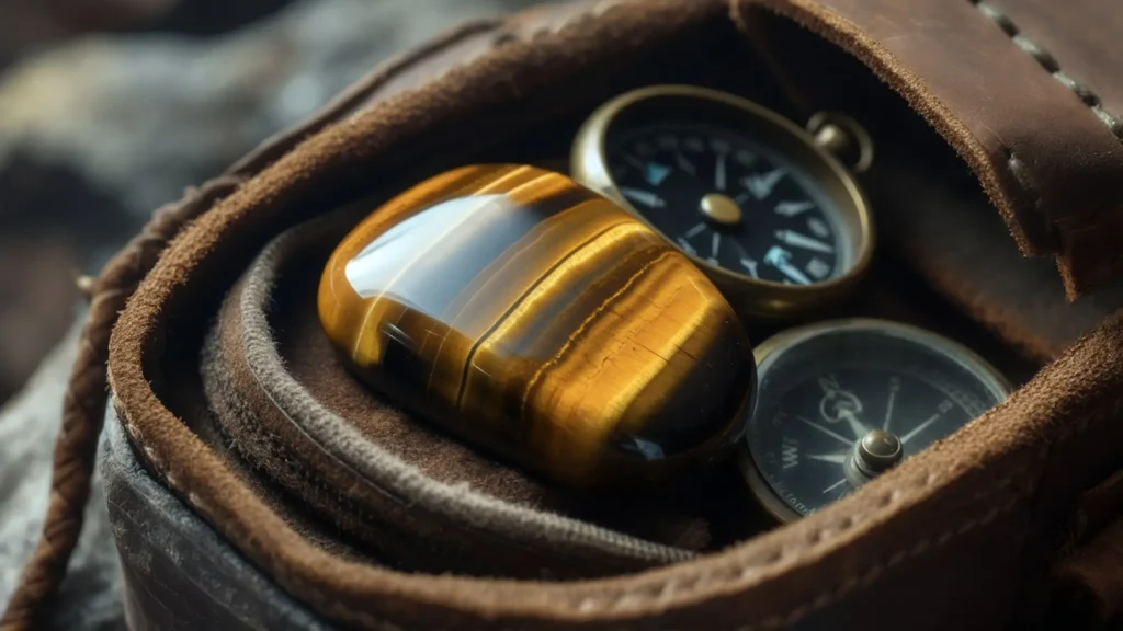 a polished tiger's eye stone with golden and black bands, placed on a sturdy leather pouch next to a compass, surrounded by small stones and dried leaves on a rustic wooden table my