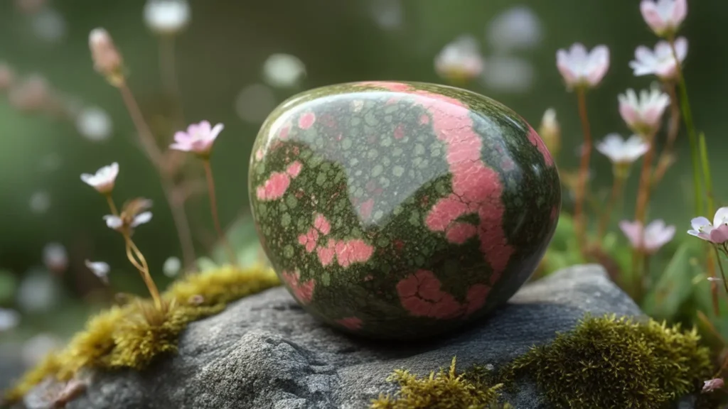 a polished tumbled unakite stone in shades of green and pink, placed on a moss-covered rock surrounded by wildflowers in a sunlit forest setting my