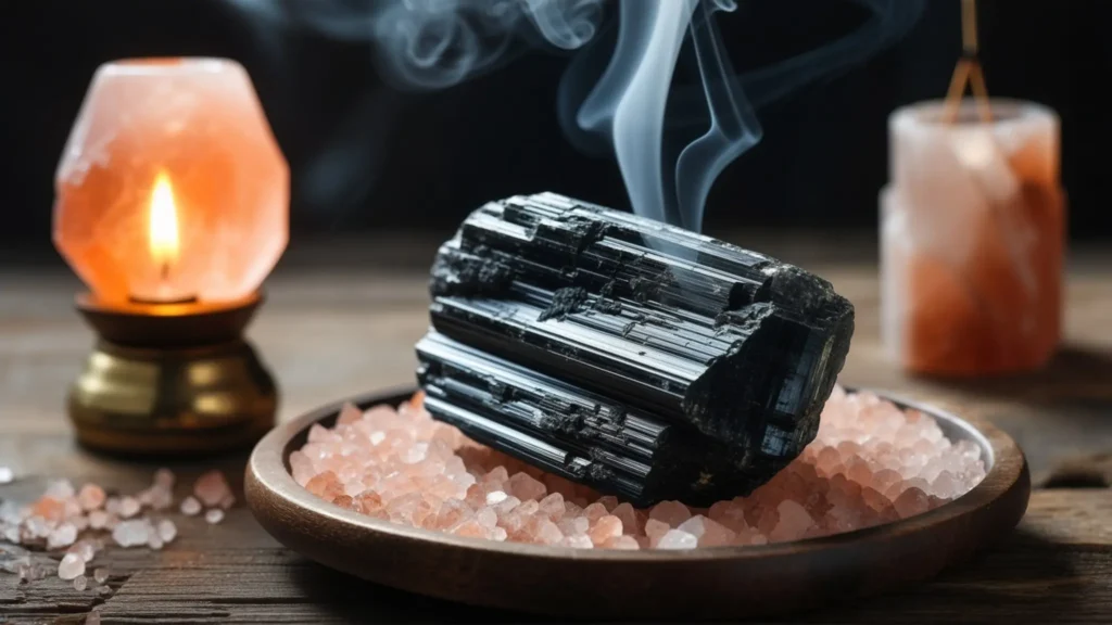 a raw black tourmaline crystal with its characteristic grooves, placed near a Himalayan salt lamp and incense, in a quiet and subdued meditation corner my