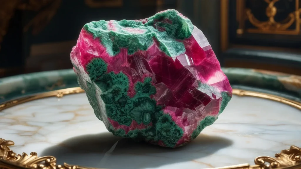 a raw zoisite with ruby crystal in green and pink tones, arranged on an elegant marble surface with gold details and a minimalist background my