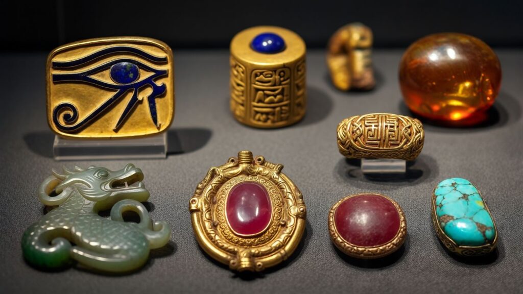 en samling av antika amuletter från olika kulturer, inklusive ett egyptiskt horus öga, en mesopotamisk cylindersigill, en romersk bärnstensbulla, en kinesisk jadedrake, en vikingatida mjölner osv