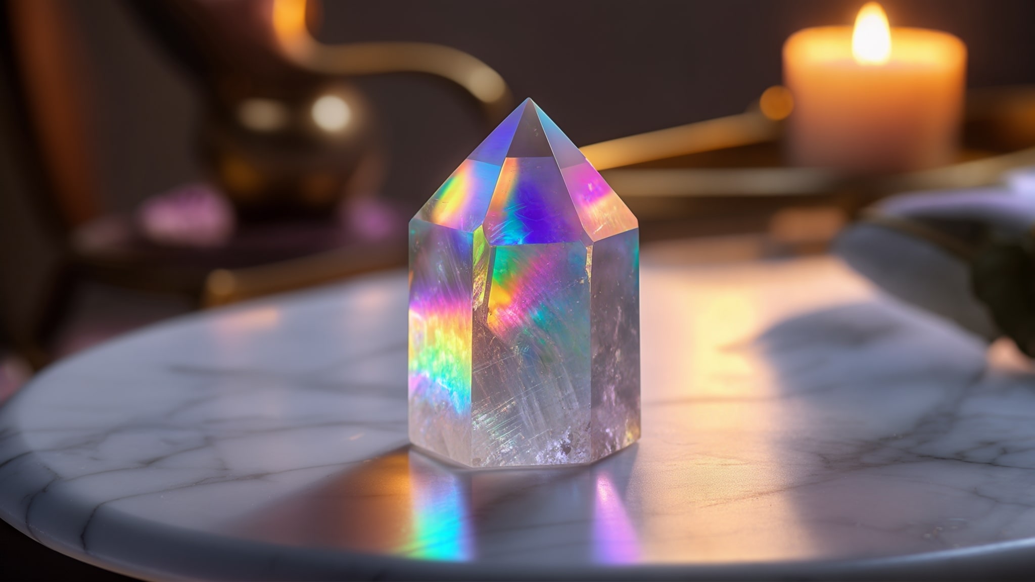 a shimmering angel aura crystal with rainbow shine, placed on a white marble table with soft lighting and surrounded by small candles and other crystals