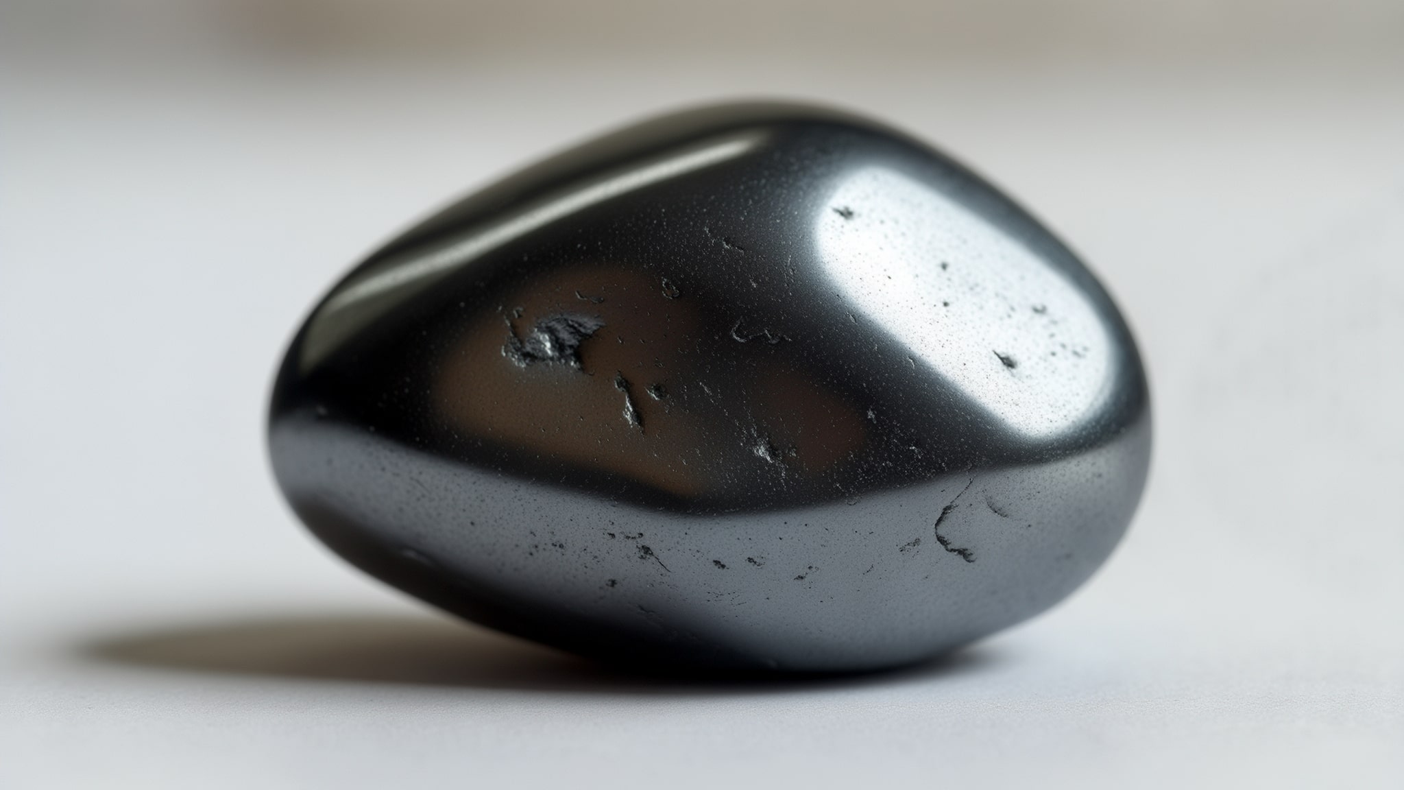 a smooth and shiny hematite stone in a dark gray shade, with a mirror-like surface that reflects light