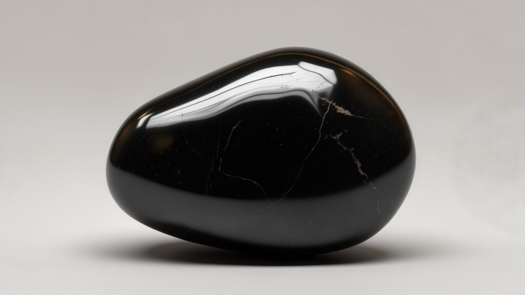 a smooth and shiny black obsidian stone with a mirror finish, set on a simple background that emphasizes its deep, protective energy