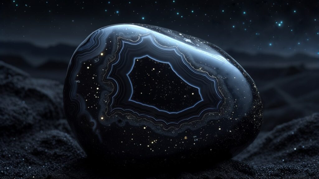 a black agate reflecting soft lines in a dark landscape with starlight illuminating the crystal