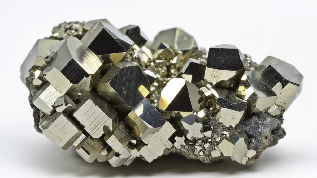 a cluster of golden pyrite crystals with a shiny, metallic surface, illuminated to bring out its natural luster and geometric shapes