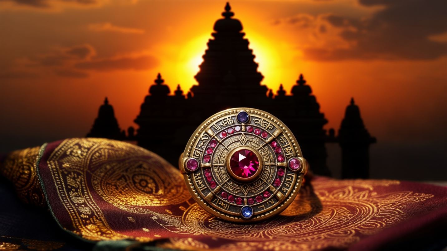 Indian amulet of ruby and sapphire in a gold frame, decorated with Vedic symbols, placed on a silk cloth with mandala patterns