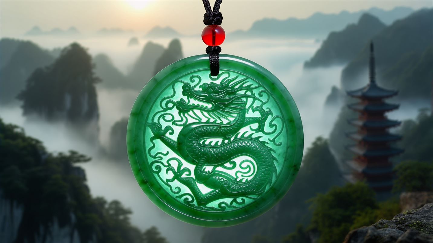 Chinese jade amulet, shaped like a dragon, set against a background of misty mountains and a traditional pagoda