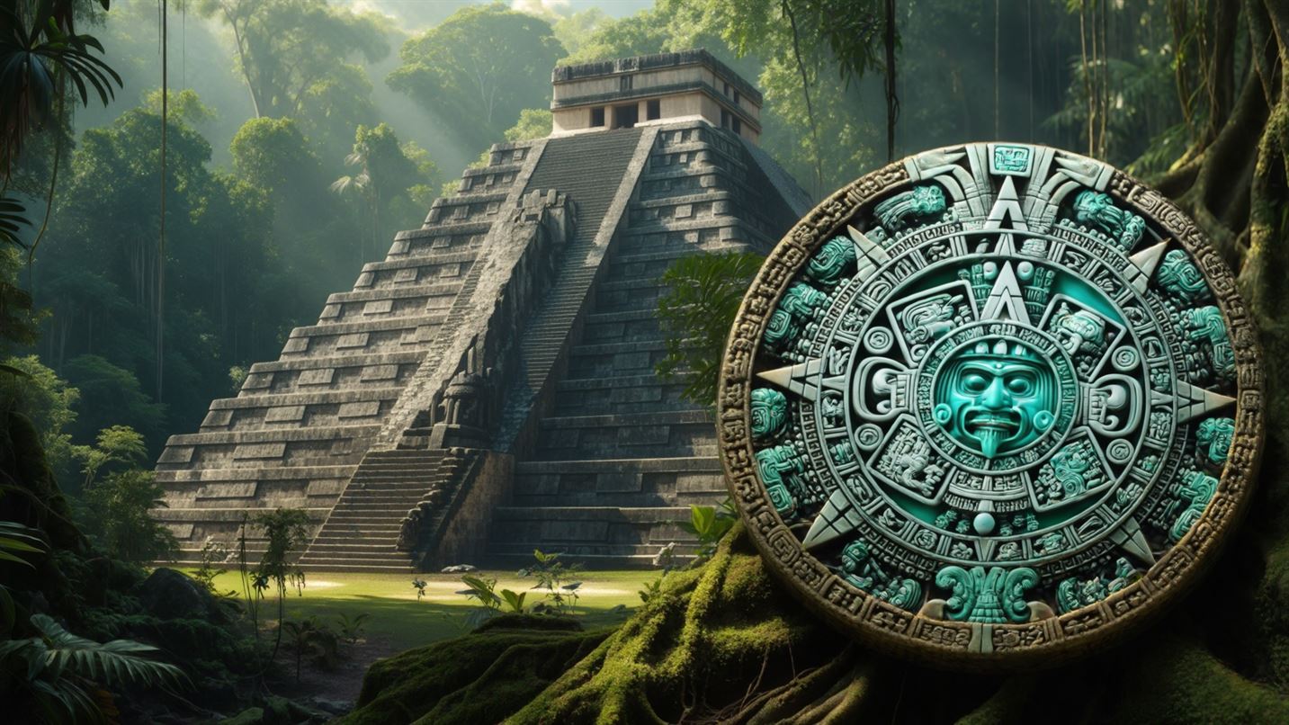 Mayan amulet of turquoise and jade, with patterns symbolizing gods and the cosmos, lying in front of a jungle and a stone temple