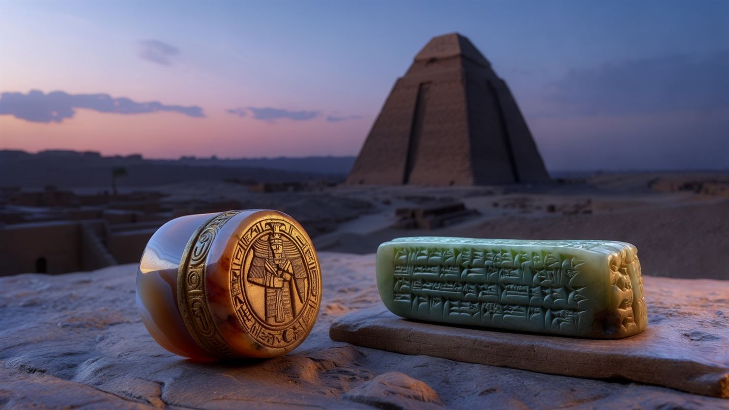 Mesopotamian amulet of agate and jade, with engraved symbols and gods, placed on a clay tablet with cuneiform writing