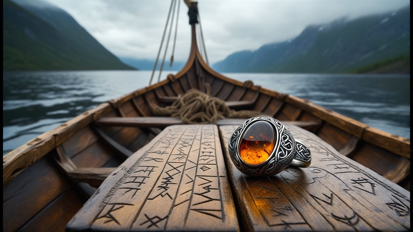 Viking amulet in the shape of Thor's hammer, made of amber and smoky quartz, lying on a woodcut with runes