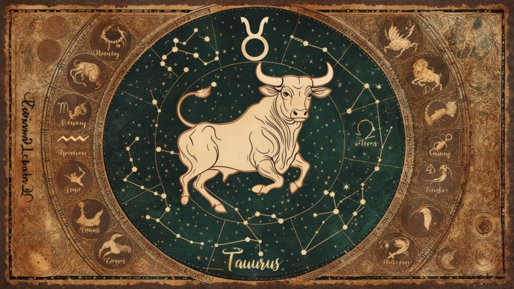 vintageillustration av oxens stjärntecken, med stjärnbild och astrologisk symbol i jordnära toner på ett texturerat pergament