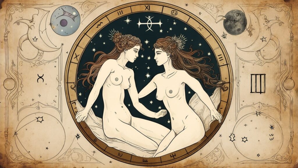 vintage illustration of the zodiac sign of the twins, focusing on the constellation and astrological symbol in symmetrical patterns on an aged background