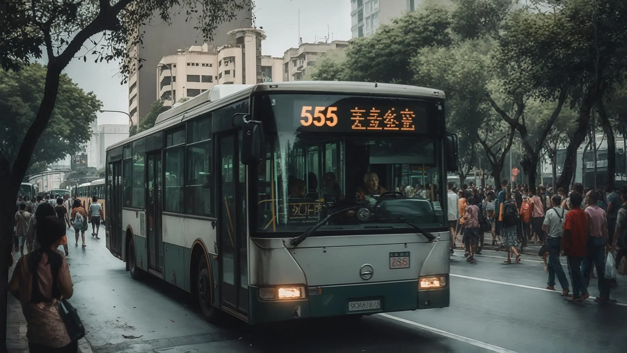 en buss med linjenummer 555 som kör genom en stadsgata