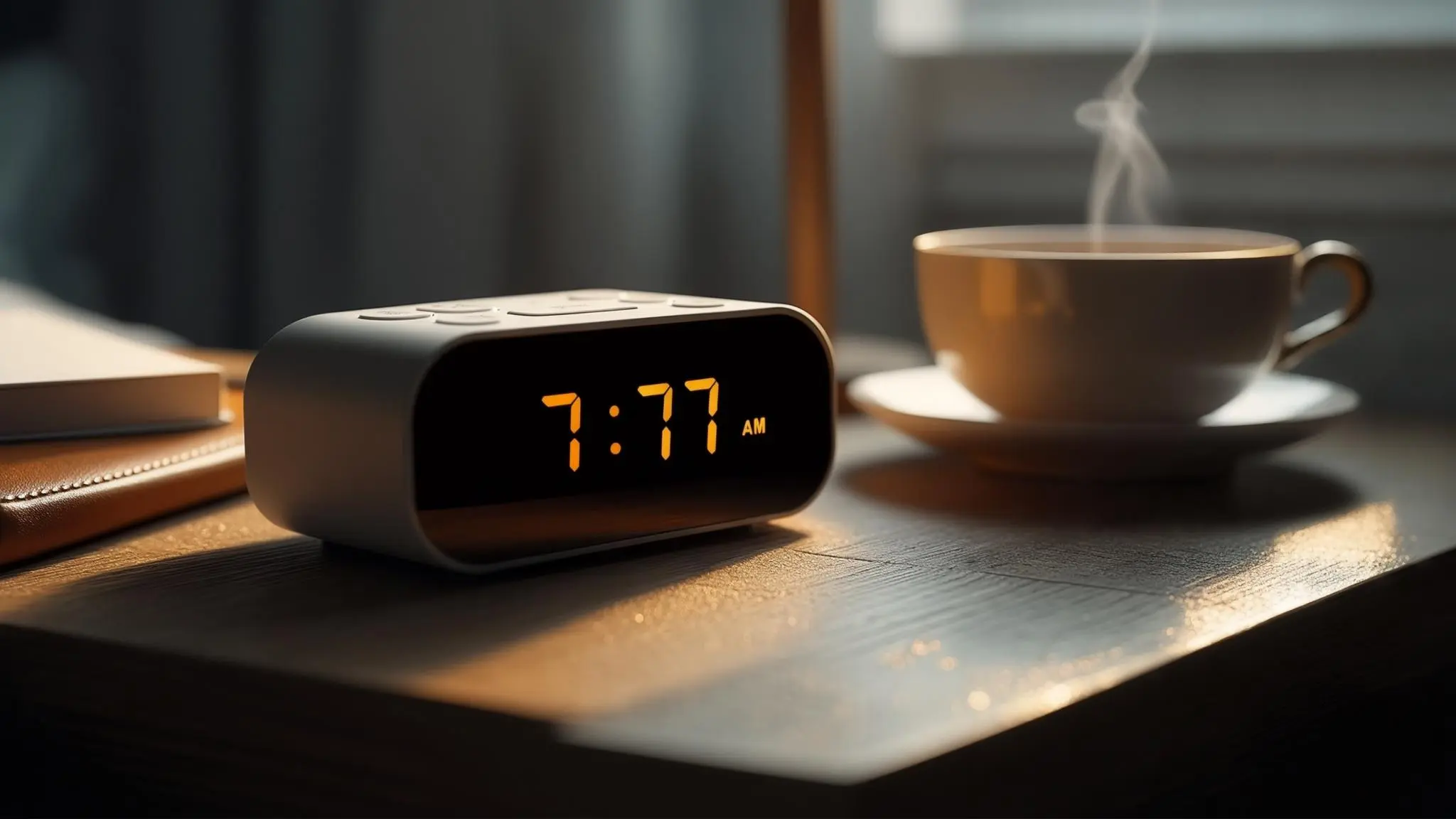 en digital väckarklocka på ett nattduksbord som visar 777 på displayen, med morgonljus som strömmar in genom fönstret