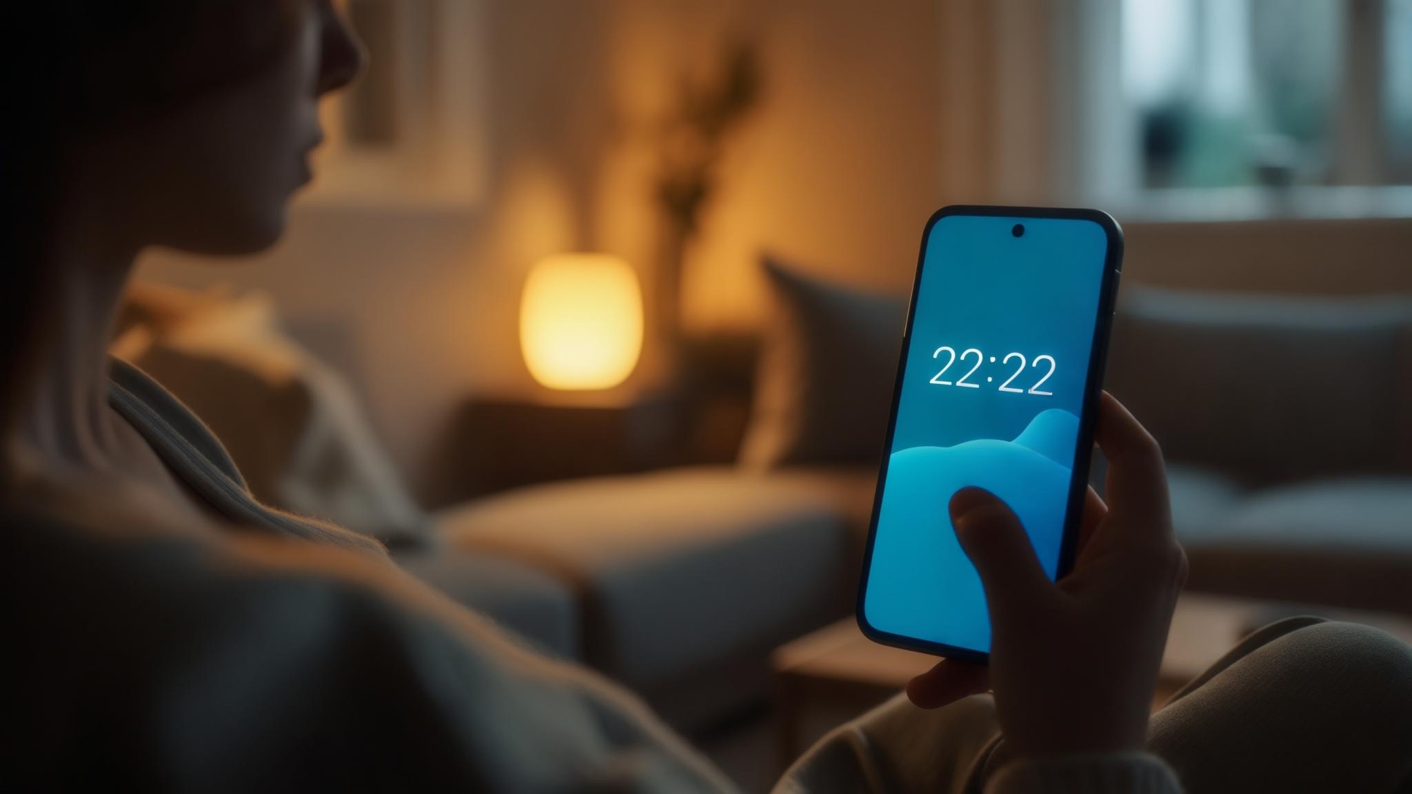 en person som ser 2222 på sin telefon, en påminnelse om att universum sänder vägledning