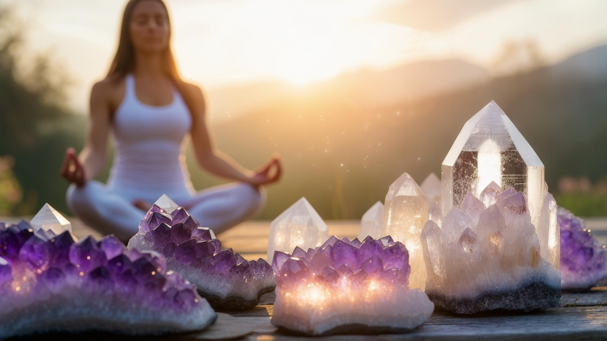 meditation med kristaller för att förstärka energin från änglanummer 444