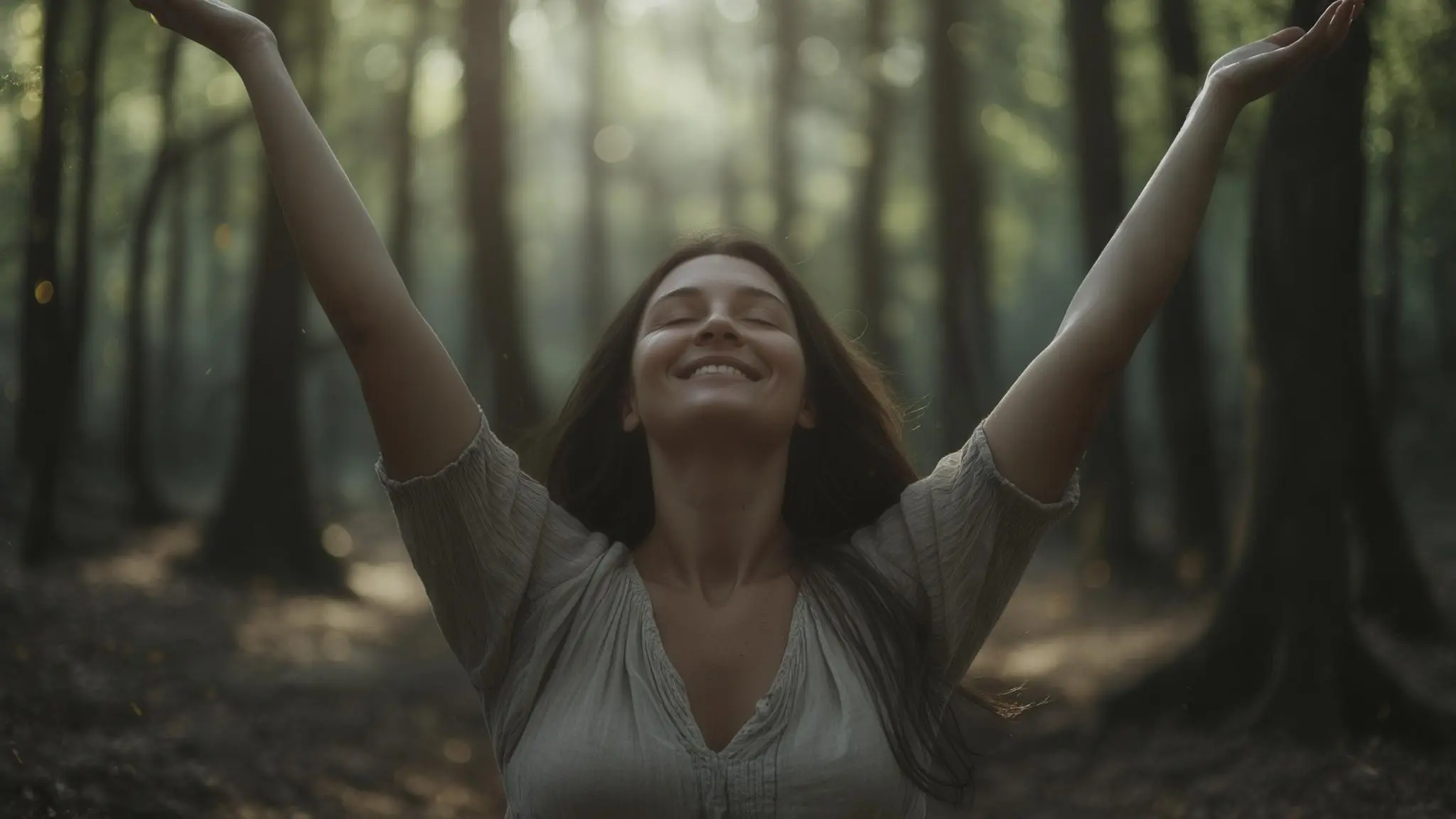 a happy woman with her eyes closed and her arms outstretched towards the sun in nature, radiating gratitude, joy and harmony