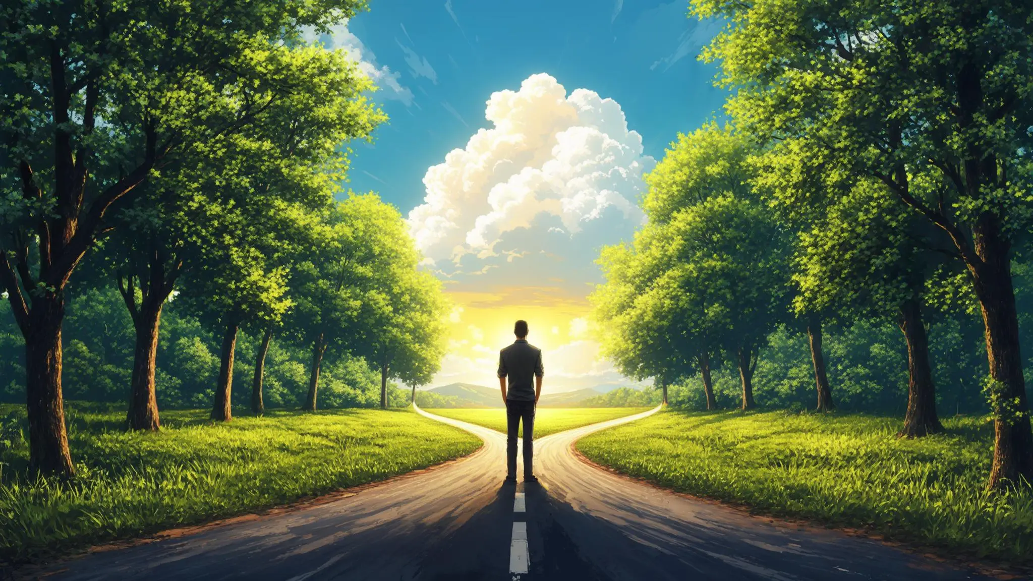 a hopeful person standing at a crossroads, looking towards a new, sunlit road, symbolizing optimism, change and new possibilities