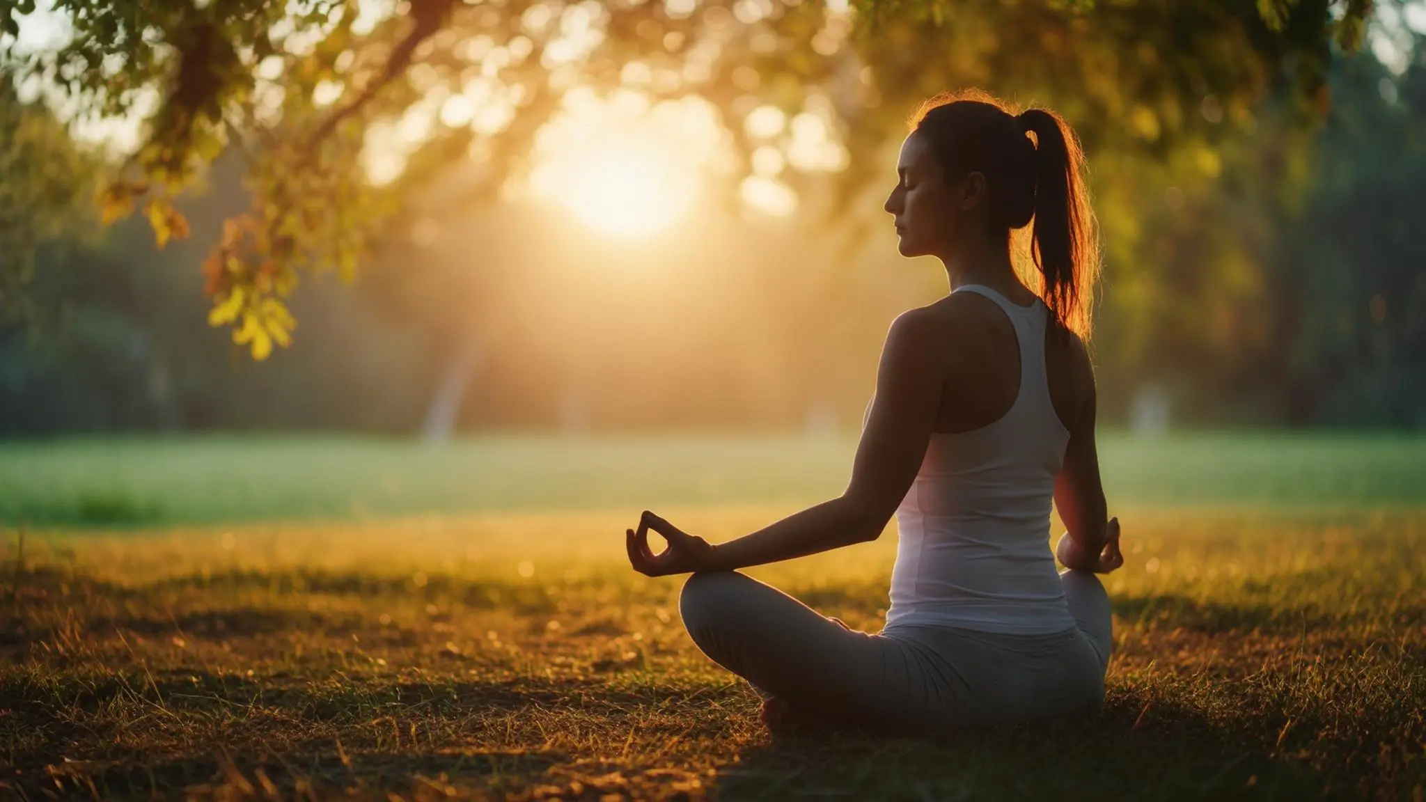 a woman meditates at sunrise in the countryside while the number 888 appears in the sky as a spiritual sign