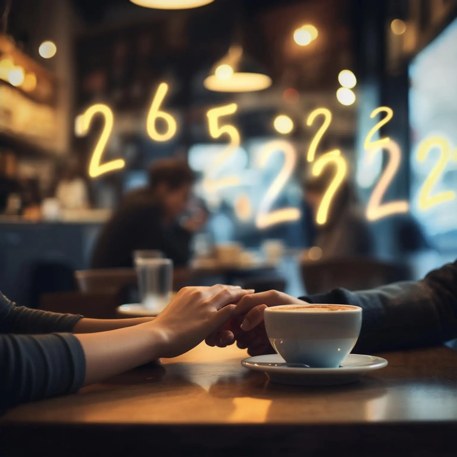 en man och kvinna sitter på ett mysigt café, medan diskreta numerologiska siffror som 222 och 6 svävar i bakgrunden och symboliserar relationers koppling till numerologi