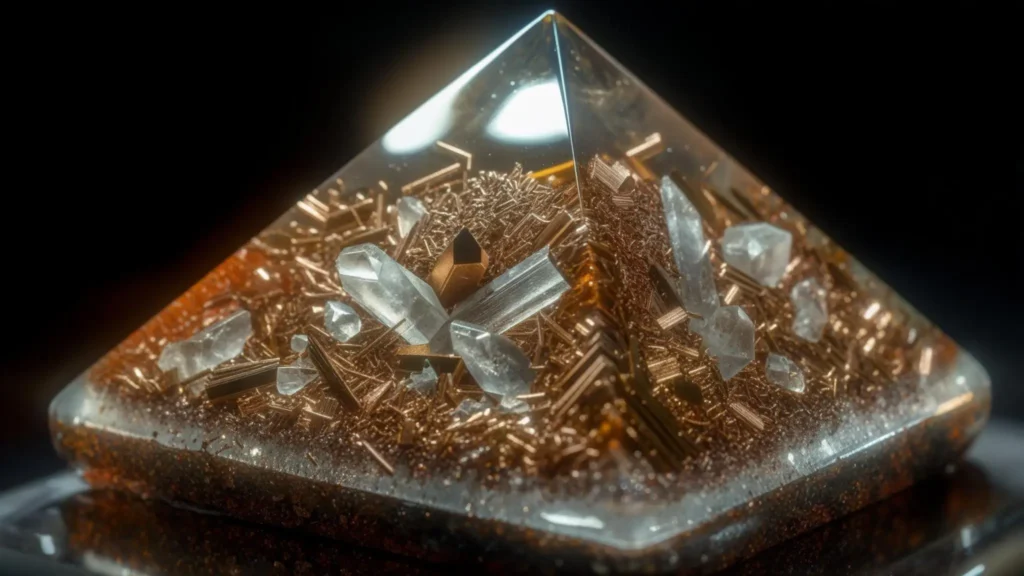 en orgonitpyramid placerad på ett skrivbord bredvid en laptop och gröna växter som symbol för energiskydd i hemmet