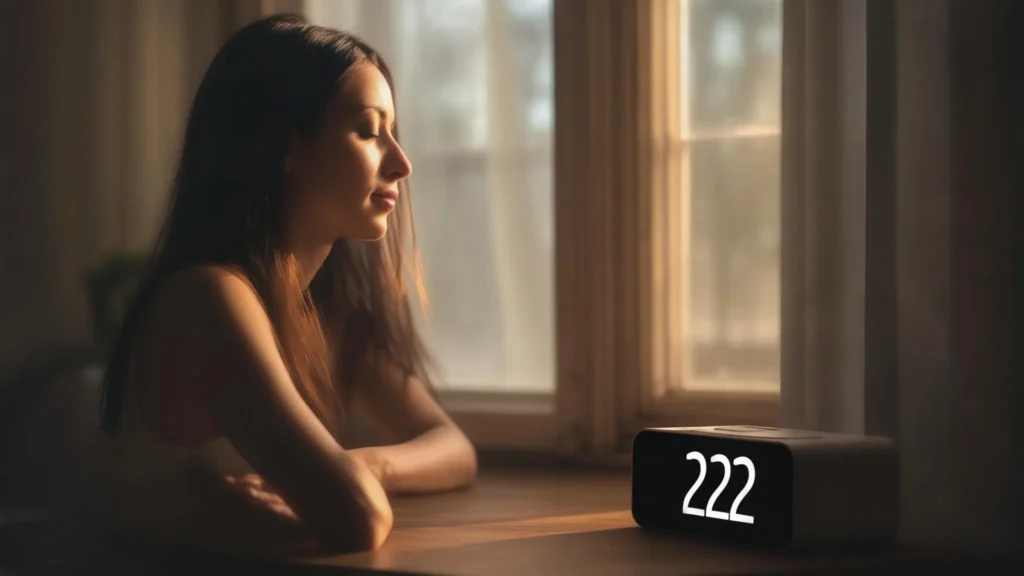 en person ser siffran 222 lysa på en digital klocka i ett lugnt rum med naturligt ljus