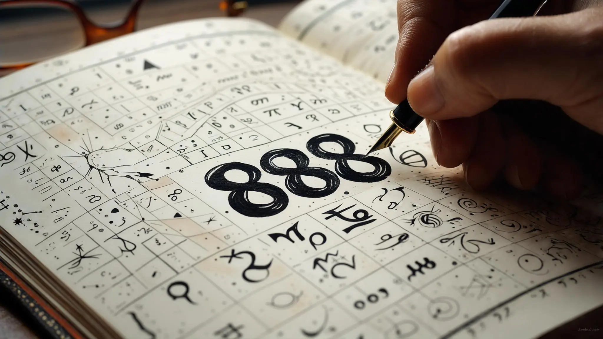 a person writes the number 888 in a notebook filled with numerology and symbols representing power and destiny