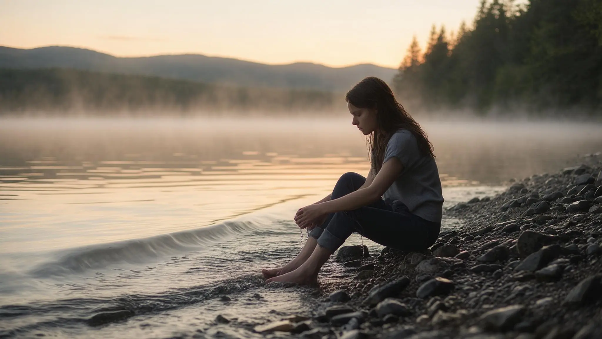 a young woman sits by a calm lake at sunrise and reflects peacefully, symbolizing mindfulness and serenity