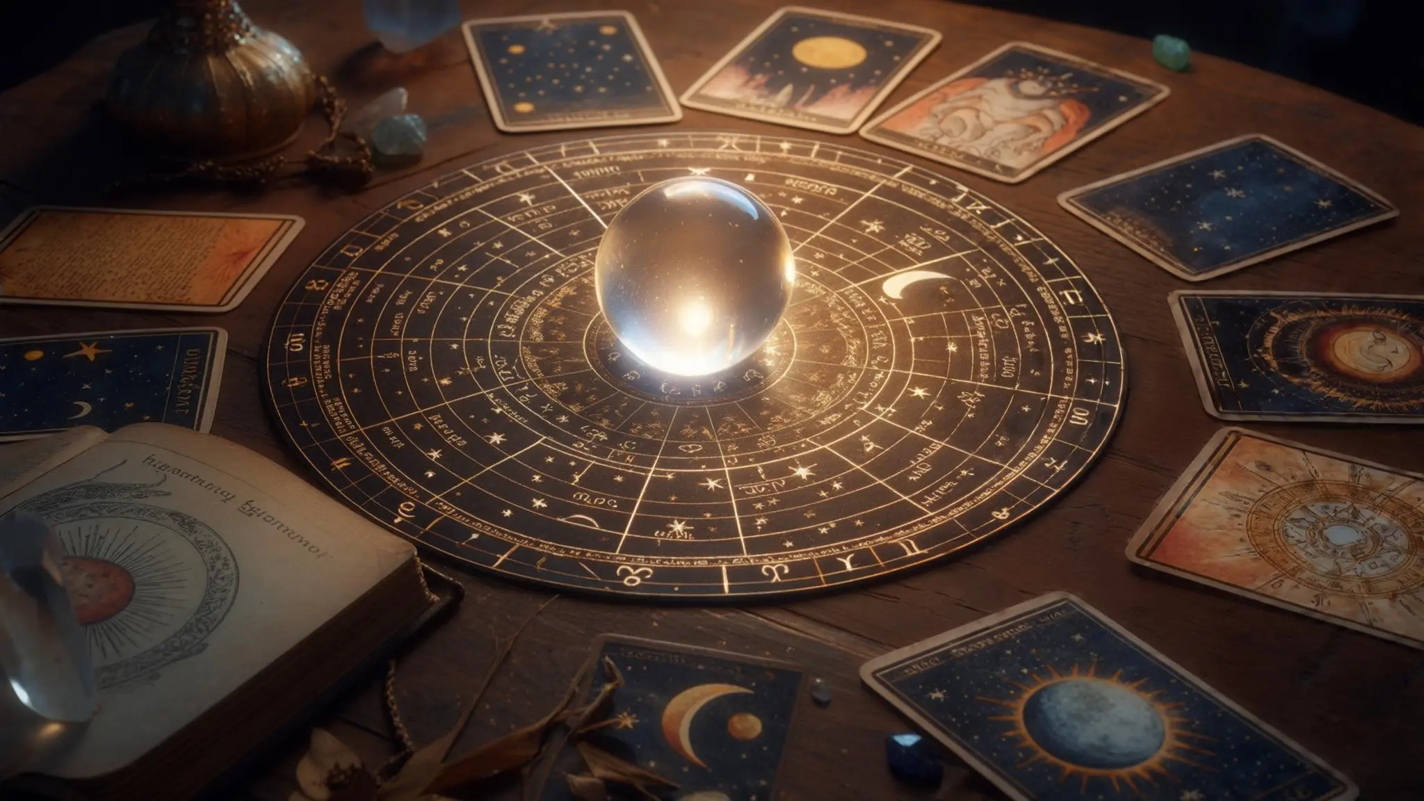 hur fungerar astrologi ett födelsehoroskop utspritt på ett träbord, omgivet av tarotkort, en kristallkula och en uppslagen bok med astrologiska symbole