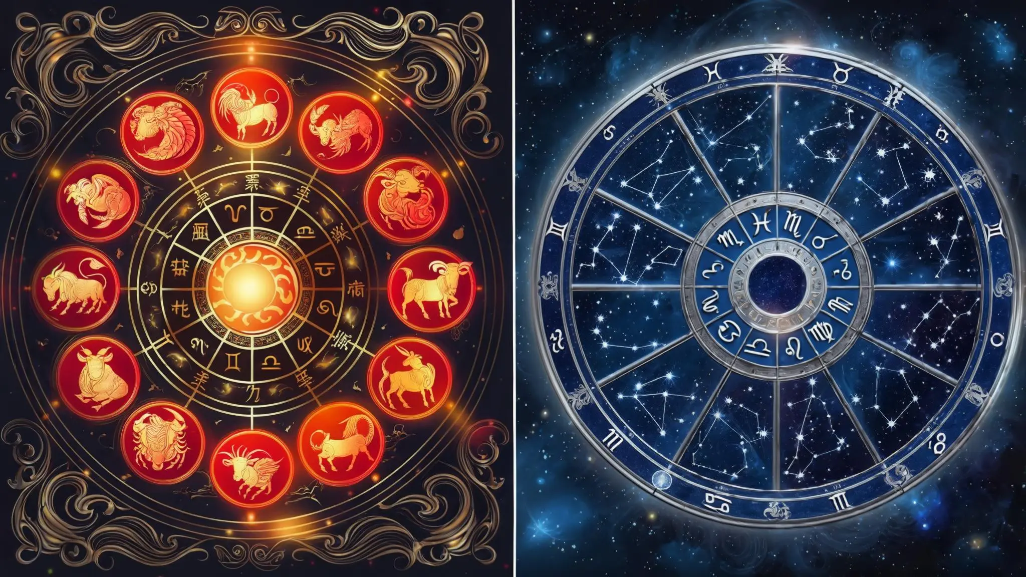 kinesisk astrologi vs. västerländsk astrologi en split bild som visar den kinesiska zodiakcirkeln med tolv djurtecken jämte ett klassiskt västerländskt astrologiskt hjul