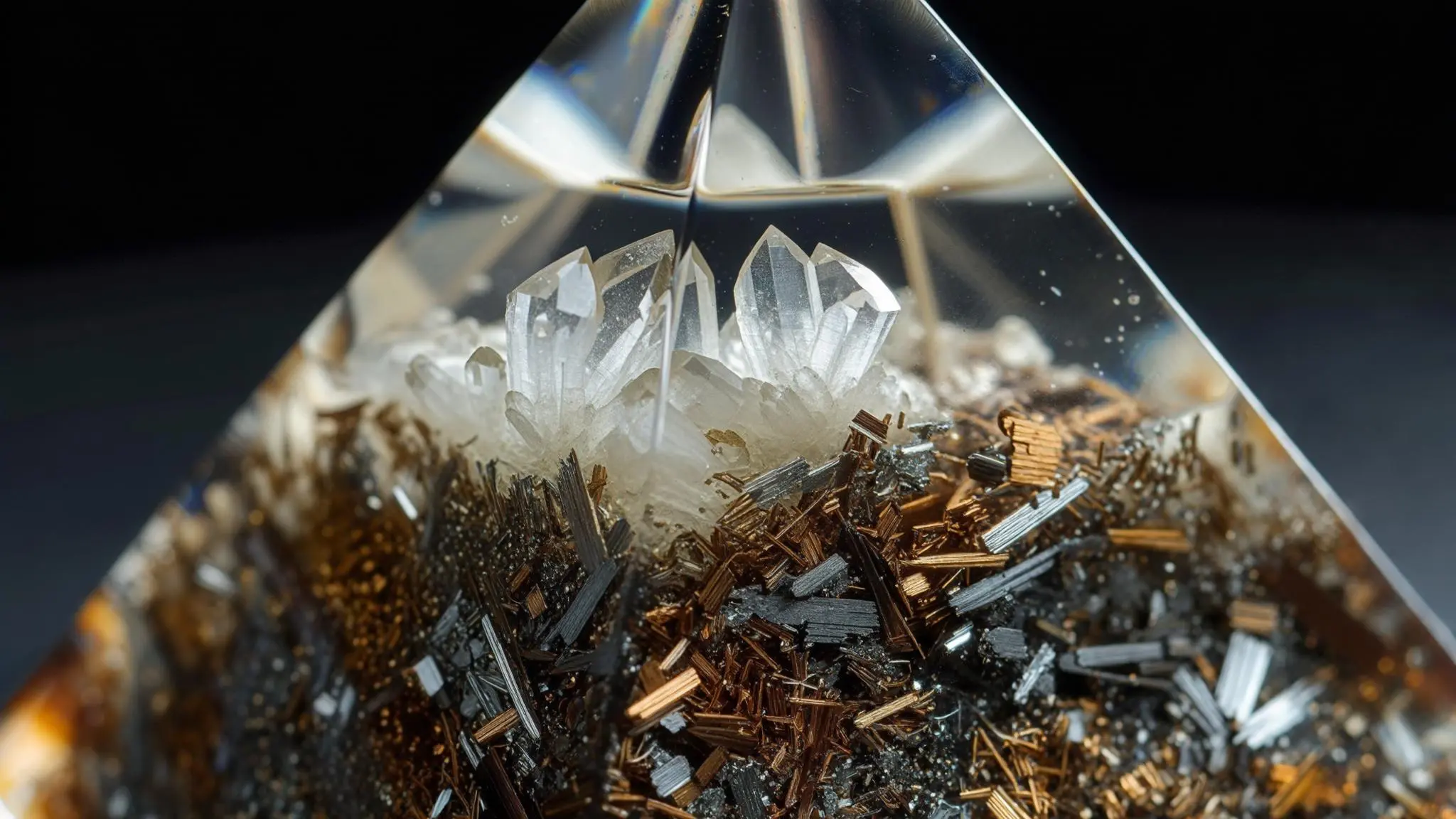 närbild på en äkta orgonitpyramid med synliga metallspån och kristaller inneslutna i klar harts