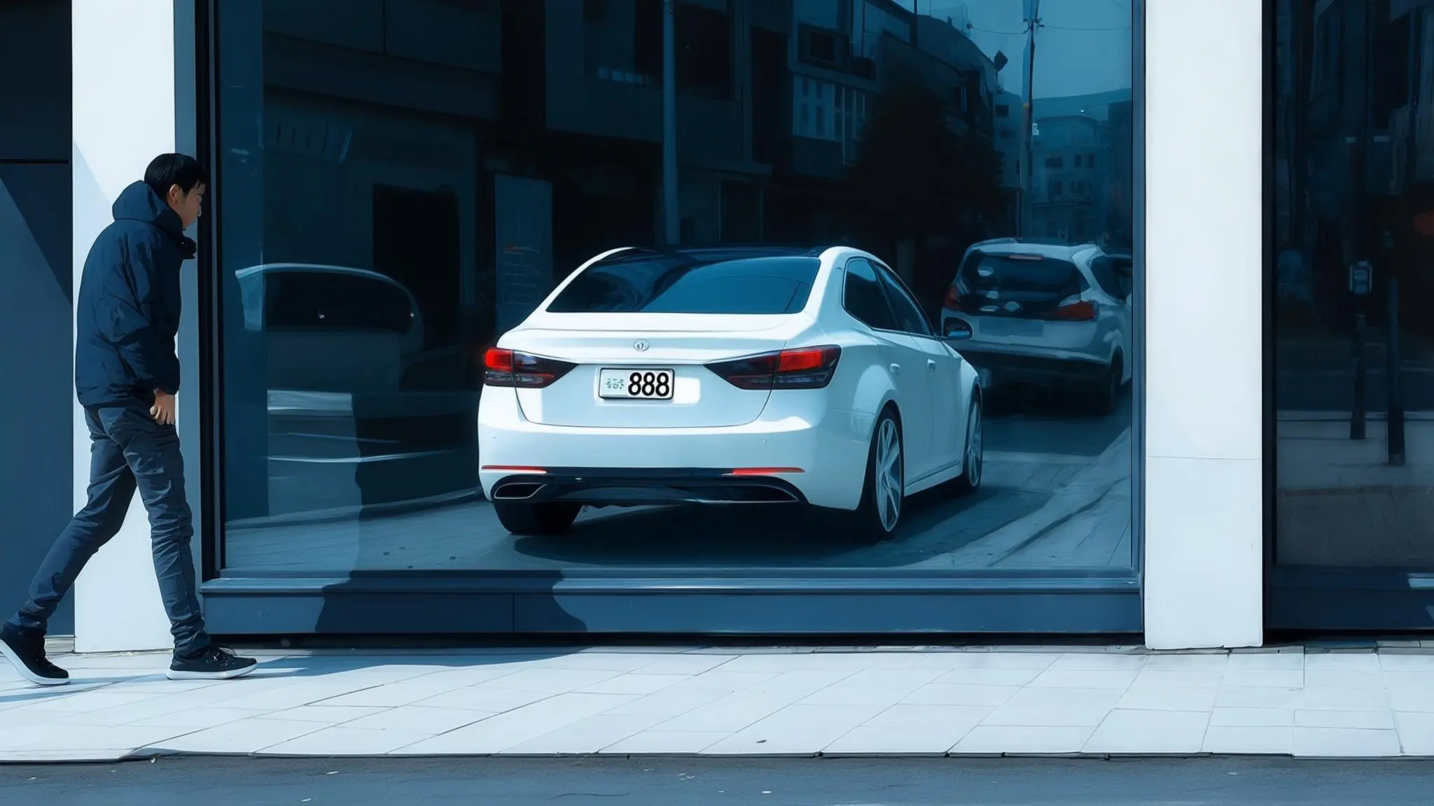 the number 888 appears on a license plate when a person walks by and stops to see it as a message from the universe