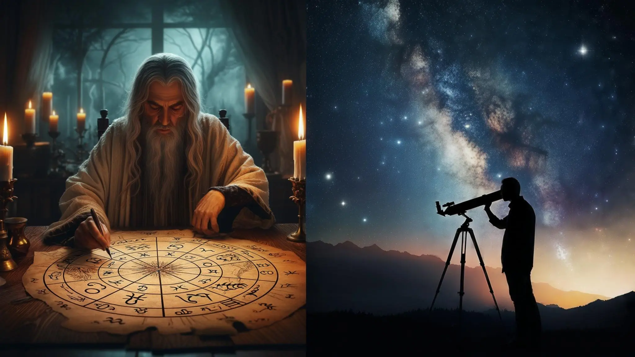 skillnaden mellan astrologi och astronomi en astrolog analyserar ett födelsehoroskop medan en astronom observerar natthimlen genom ett teleskop, symboliserande skillnaden mellan tradition och vetenskap