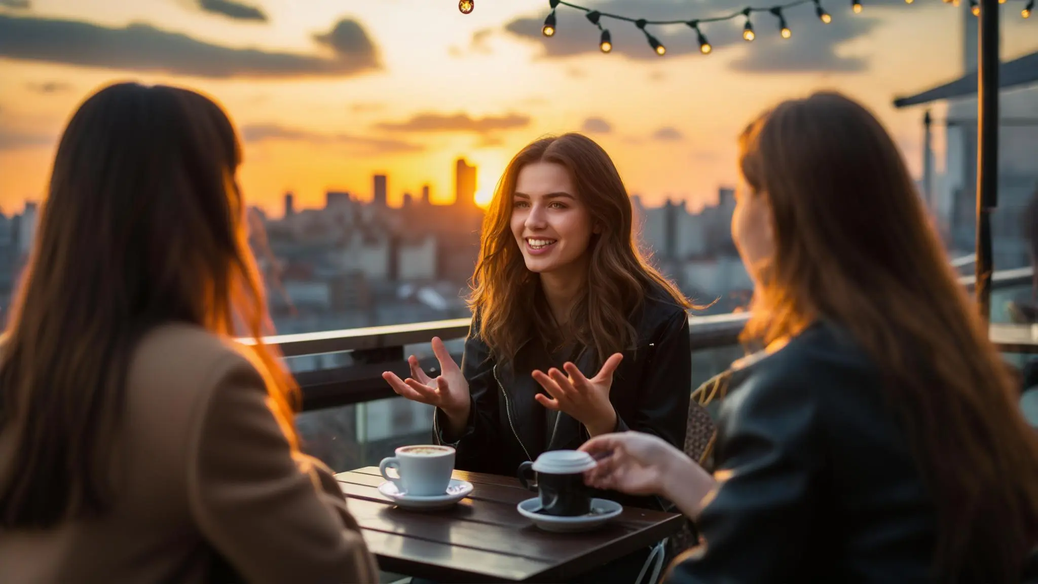 ung kvinna på ett livligt café, gestikulerar energiskt medan hon engagerat diskuterar med vänner