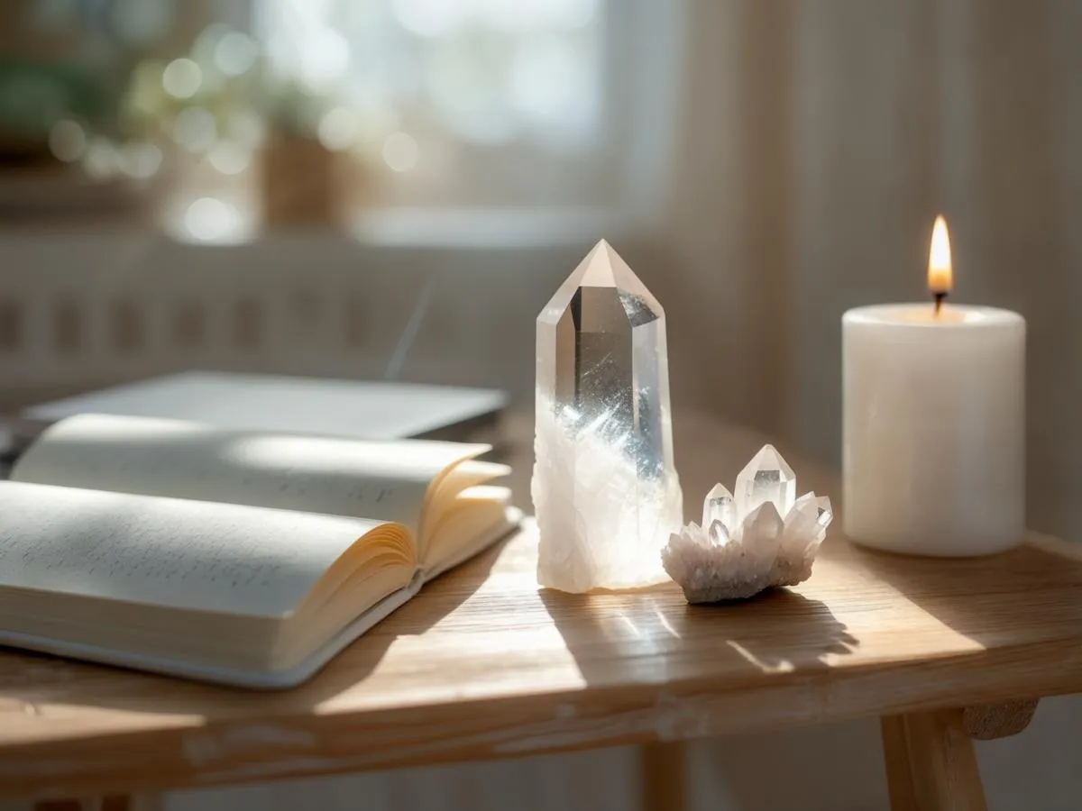 Bok, kristaller och tänd ljus på bordet